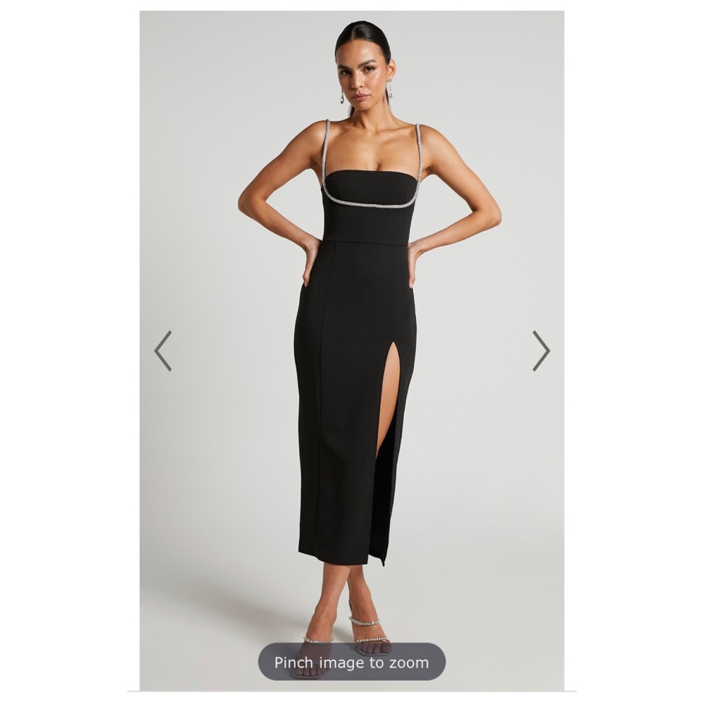 SHARLEY MIDI DRESS - DIAMANTE DETAIL PENCIL DRESS IN BLACK